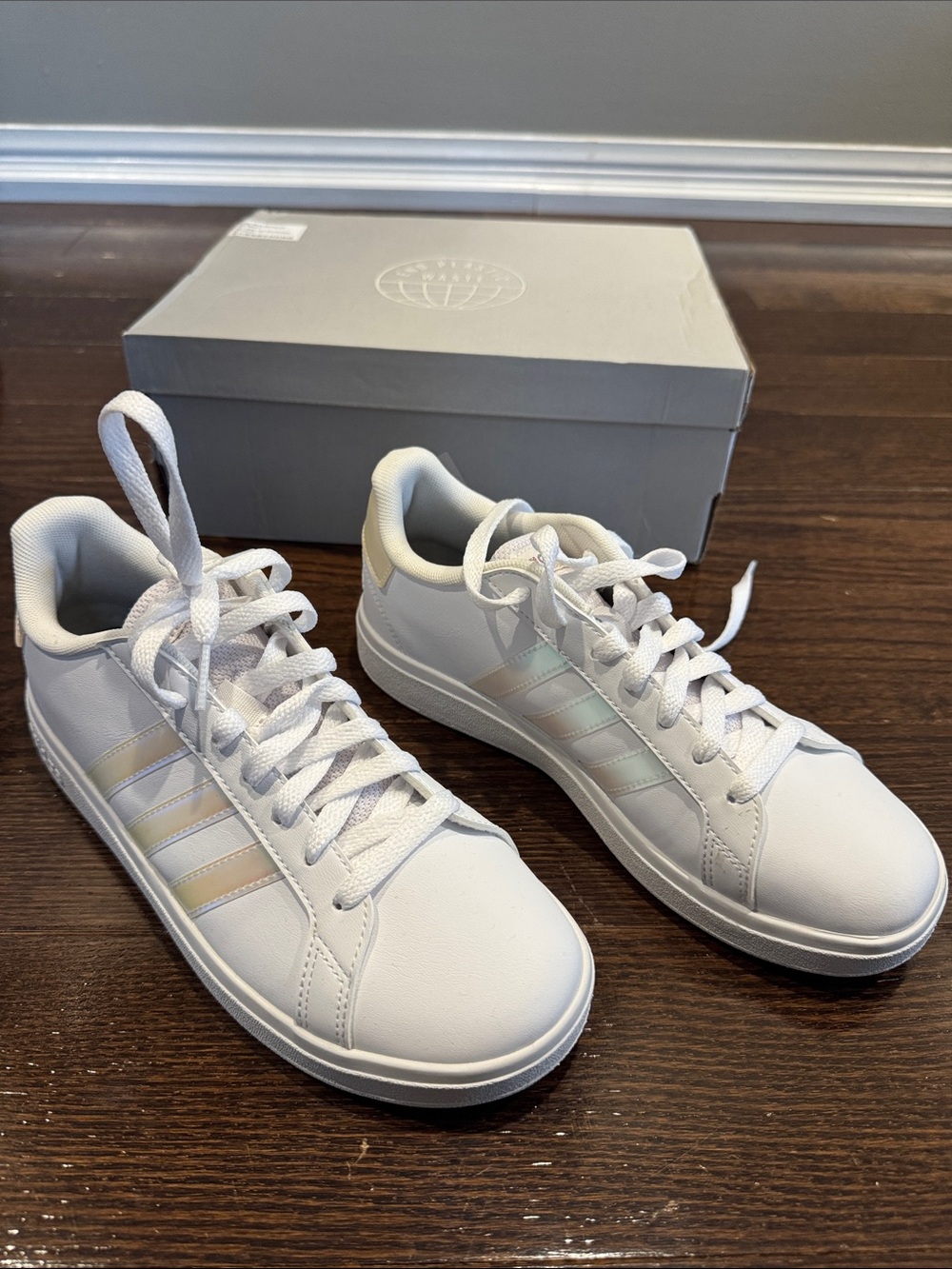 adidas White Sneakers with Iridescent Pink and Pale Green Stripes